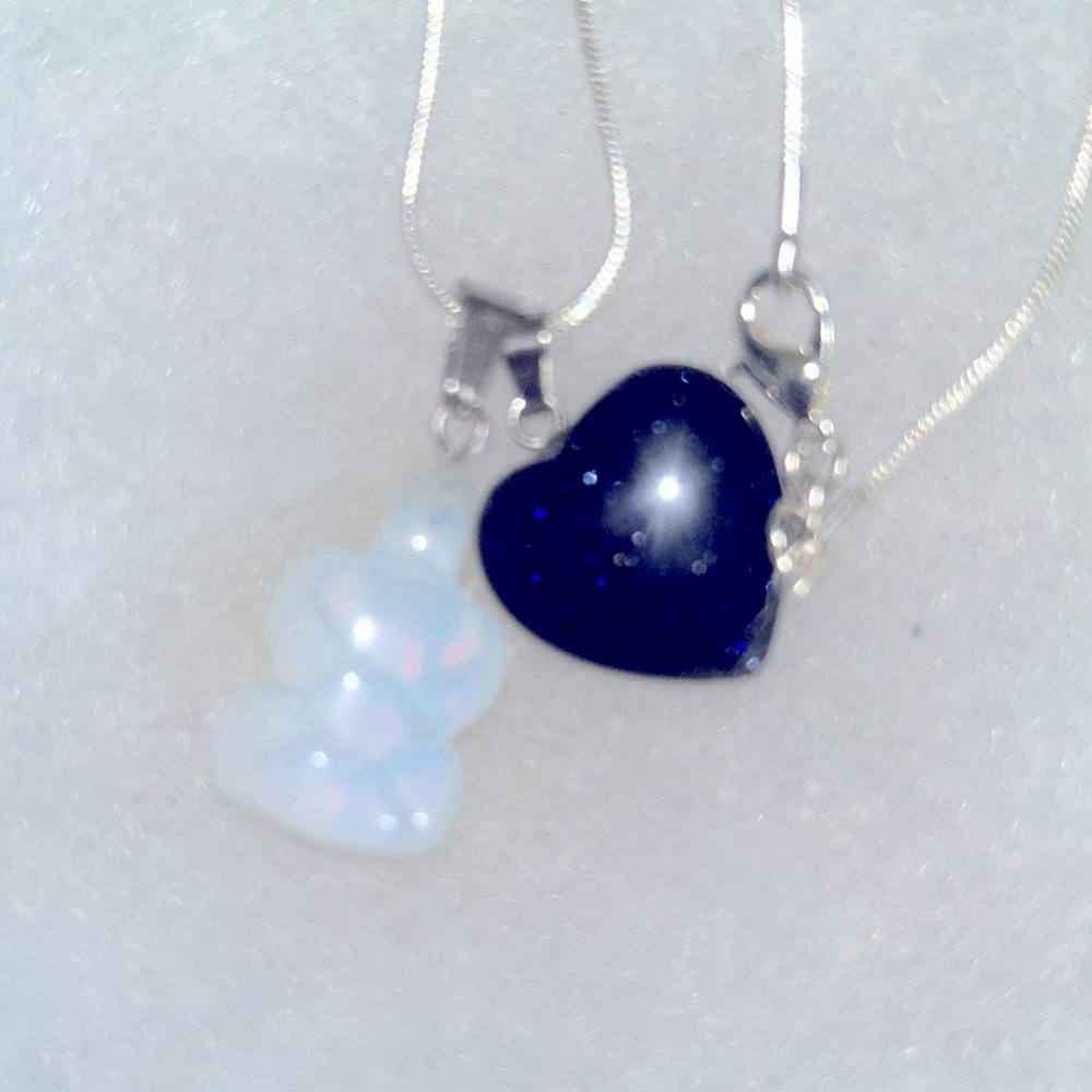 Blue Goldstone Crystal Heart ❤️ and Opal turtle 🐢 sterling silver 16” necklace